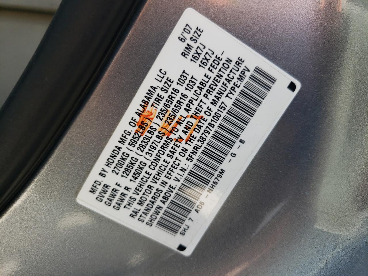Photo 10 from auction – 2007 HONDA ODYSSEY EX with VIN 5FNRL38797B100157