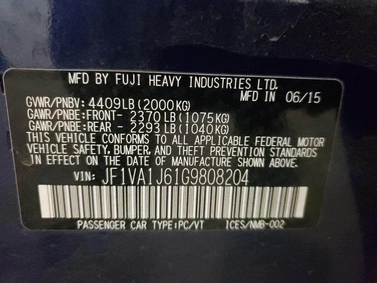 Photo 10 from auction – 2016 SUBARU WRX LIMITE with VIN JF1VA1J61G9808204