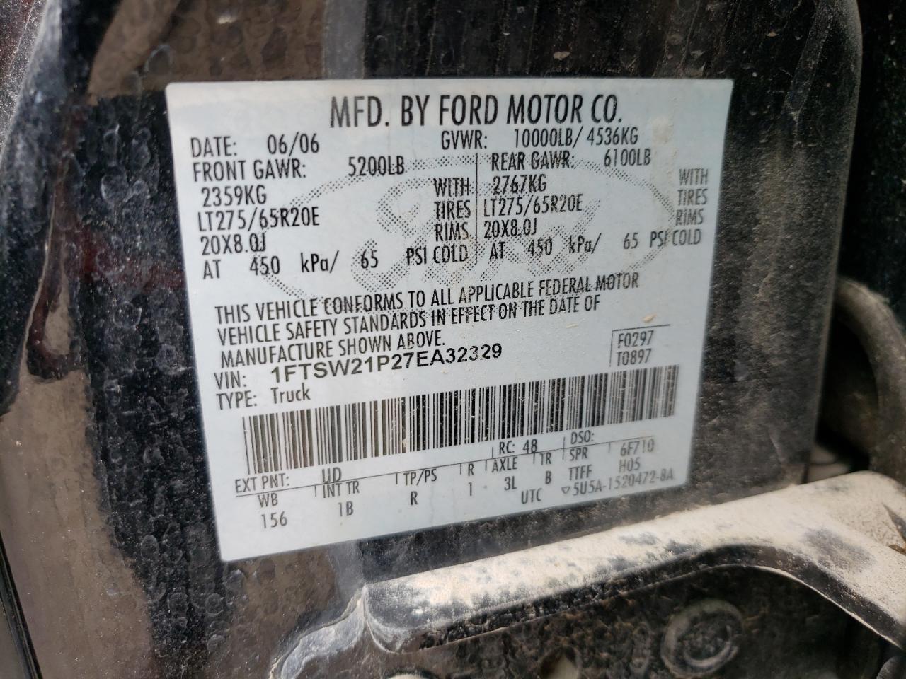 Photo 10 from auction – 2007 FORD F250 SUPER with VIN 1FTSW21P27EA32329
