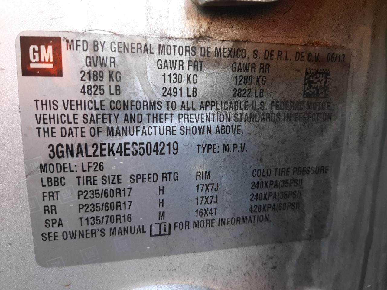 Photo 10 from auction – 2014 CHEVROLET CAPTIVA LS with VIN 3GNAL2EK4ES504219
