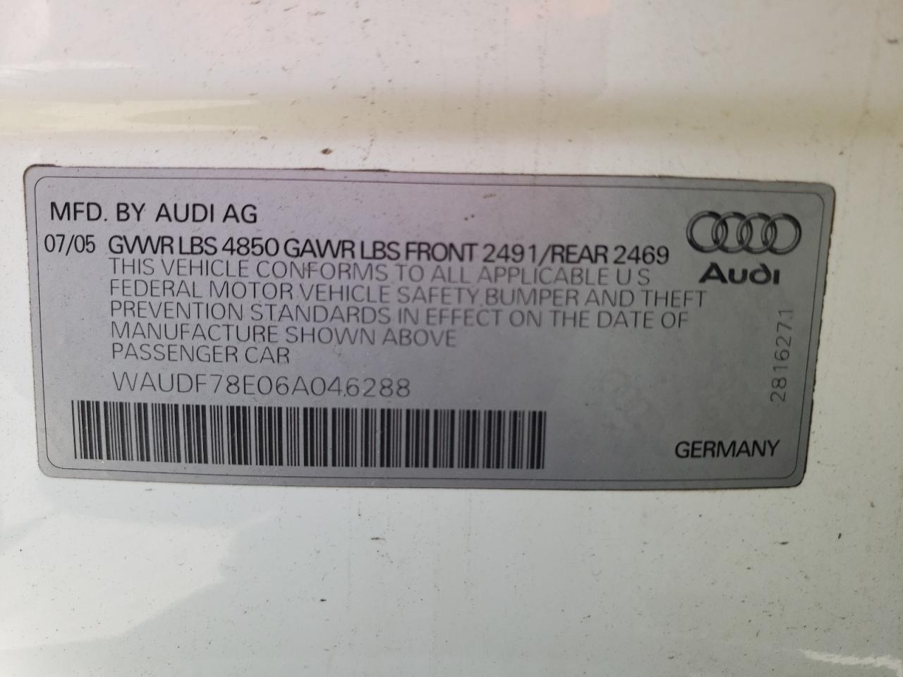 Photo 10 from auction – 2006 AUDI A4 2.0T QU with VIN WAUDF78E06A046288