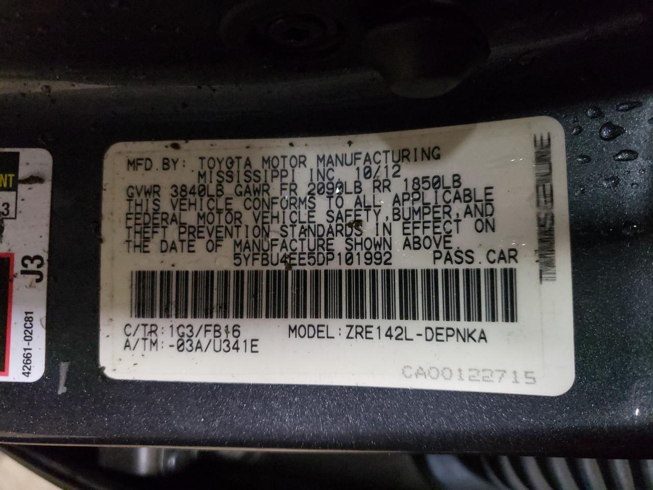 Photo 10 from auction – 2013 TOYOTA COROLLA BA with VIN 5YFBU4EE5DP101992