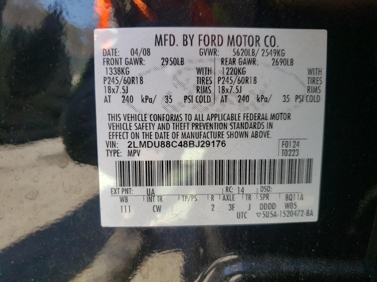Photo 10 from auction – 2008 LINCOLN MKX with VIN 2LMDU88C48BJ29176