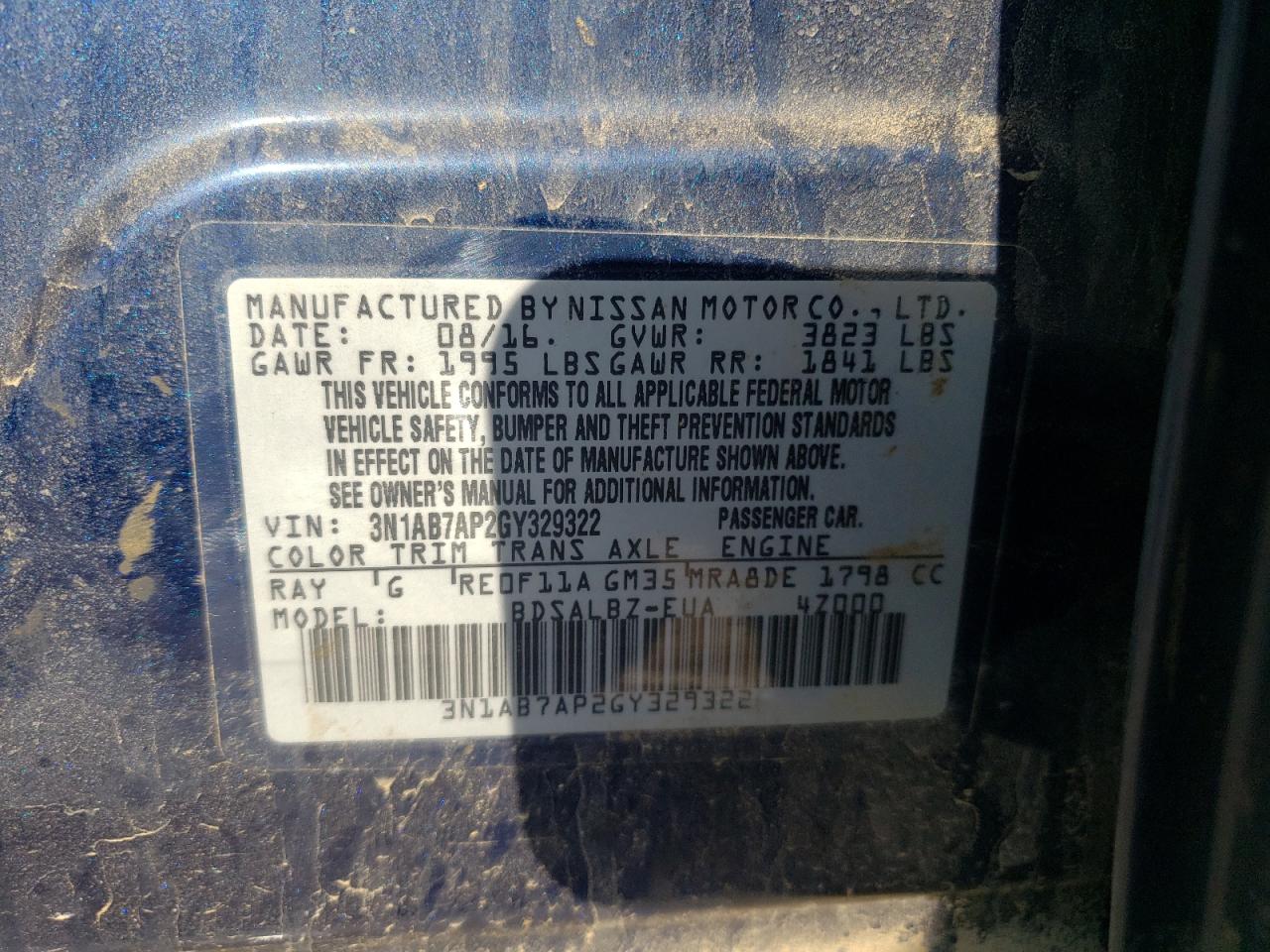 Photo 10 from auction – 2016 NISSAN SENTRA S with VIN 3N1AB7AP2GY329322