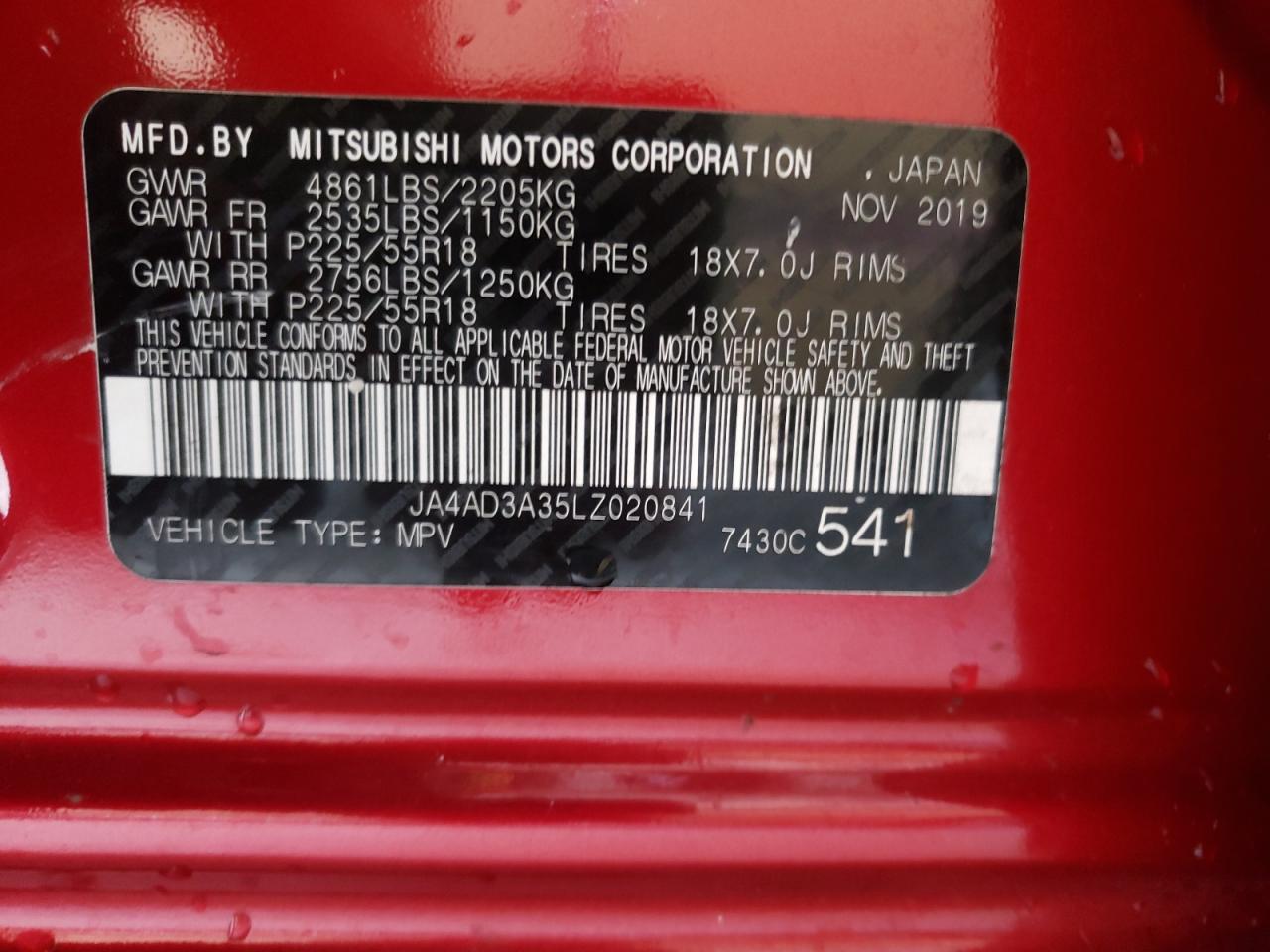Photo 10 from auction – 2020 MITSUBISHI OUTLANDER with VIN JA4AD3A35LZ020841