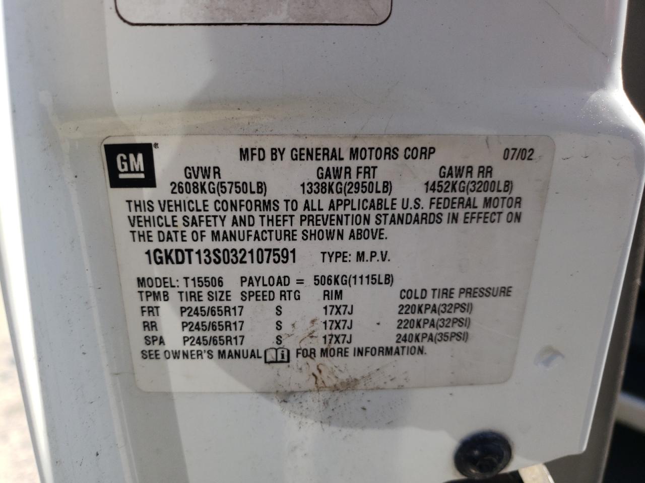 Photo 10 from auction – 2003 GMC ENVOY with VIN 1GKDT13S032107591