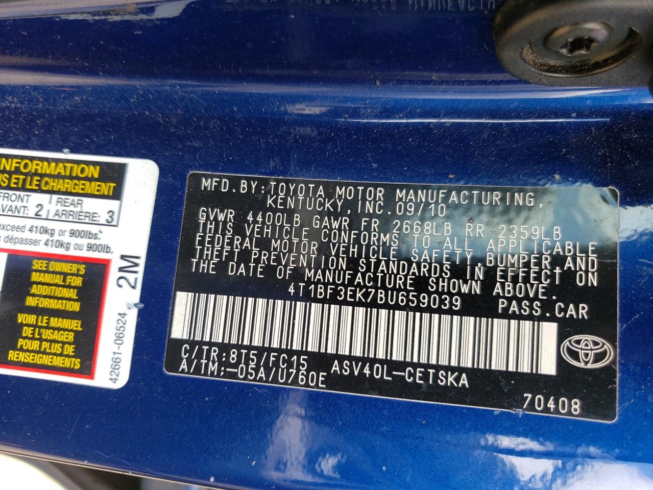 Photo 10 from auction – 2011 TOYOTA CAMRY BASE with VIN 4T1BF3EK7BU659039