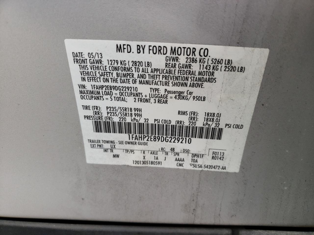 Photo 10 from auction – 2013 FORD TAURUS SEL with VIN 1FAHP2E89DG229210