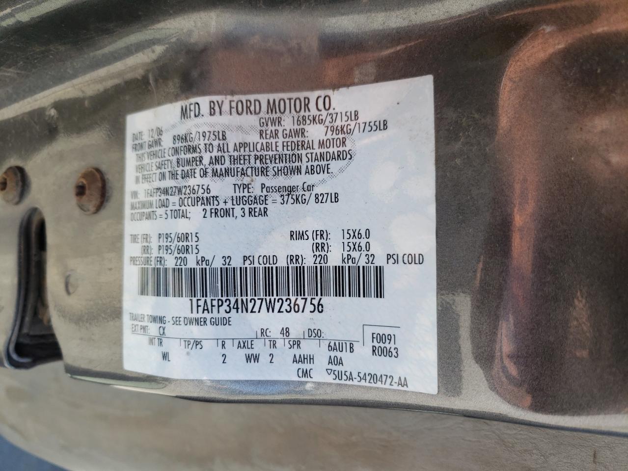 Photo 10 from auction – 2007 FORD FOCUS ZX4 with VIN 1FAFP34N27W236756