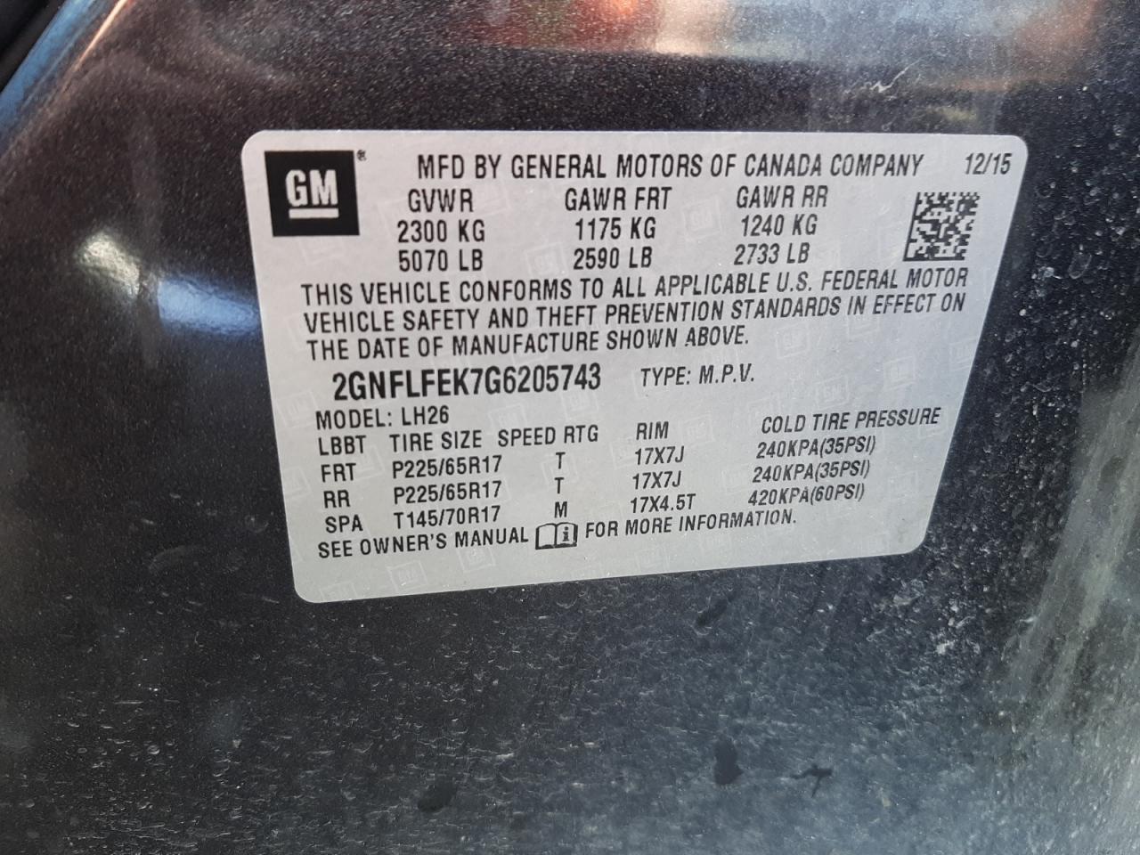 Photo 10 from auction – 2016 CHEVROLET EQUINOX LT with VIN 2GNFLFEK7G6205743