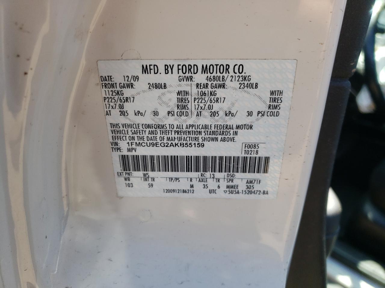 Photo 10 from auction – 2010 FORD ESCAPE LIM with VIN 1FMCU9EG2AKB55159