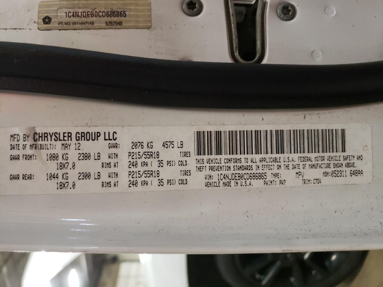 Photo 10 from auction – 2012 JEEP COMPASS LA with VIN 1C4NJDEB0CD686865