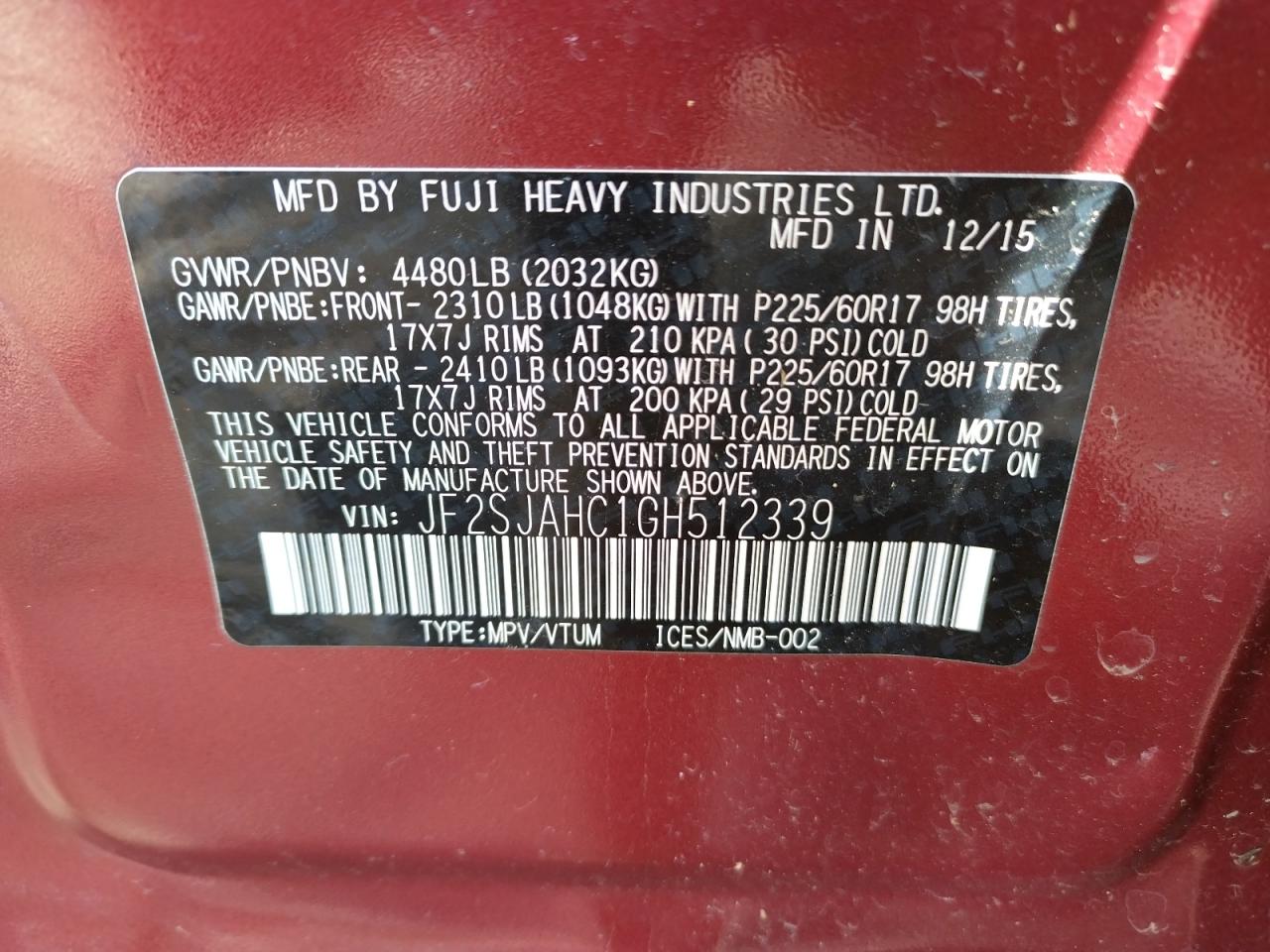 Photo 10 from auction – 2016 SUBARU FORESTER 2 with VIN JF2SJAHC1GH512339