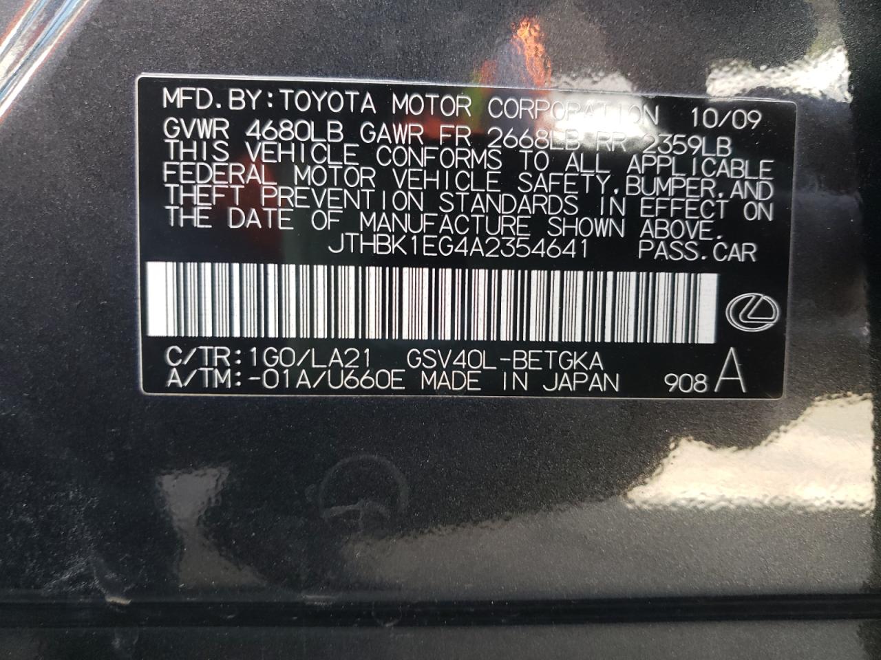Photo 10 from auction – 2010 LEXUS ES 350 with VIN JTHBK1EG4A2354641