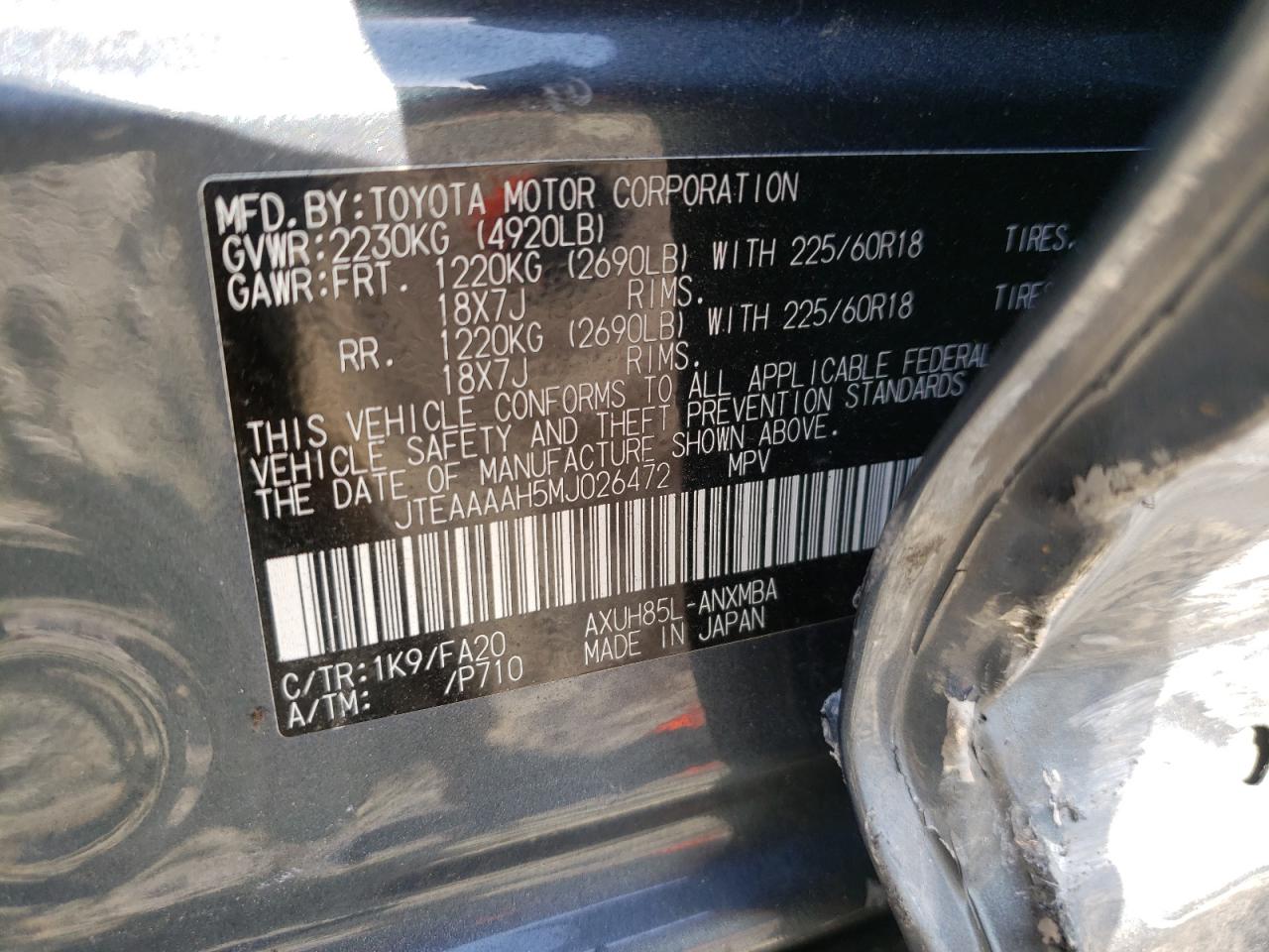 Photo 10 from auction – 2021 TOYOTA VENZA LE/X with VIN JTEAAAAH5MJ026472