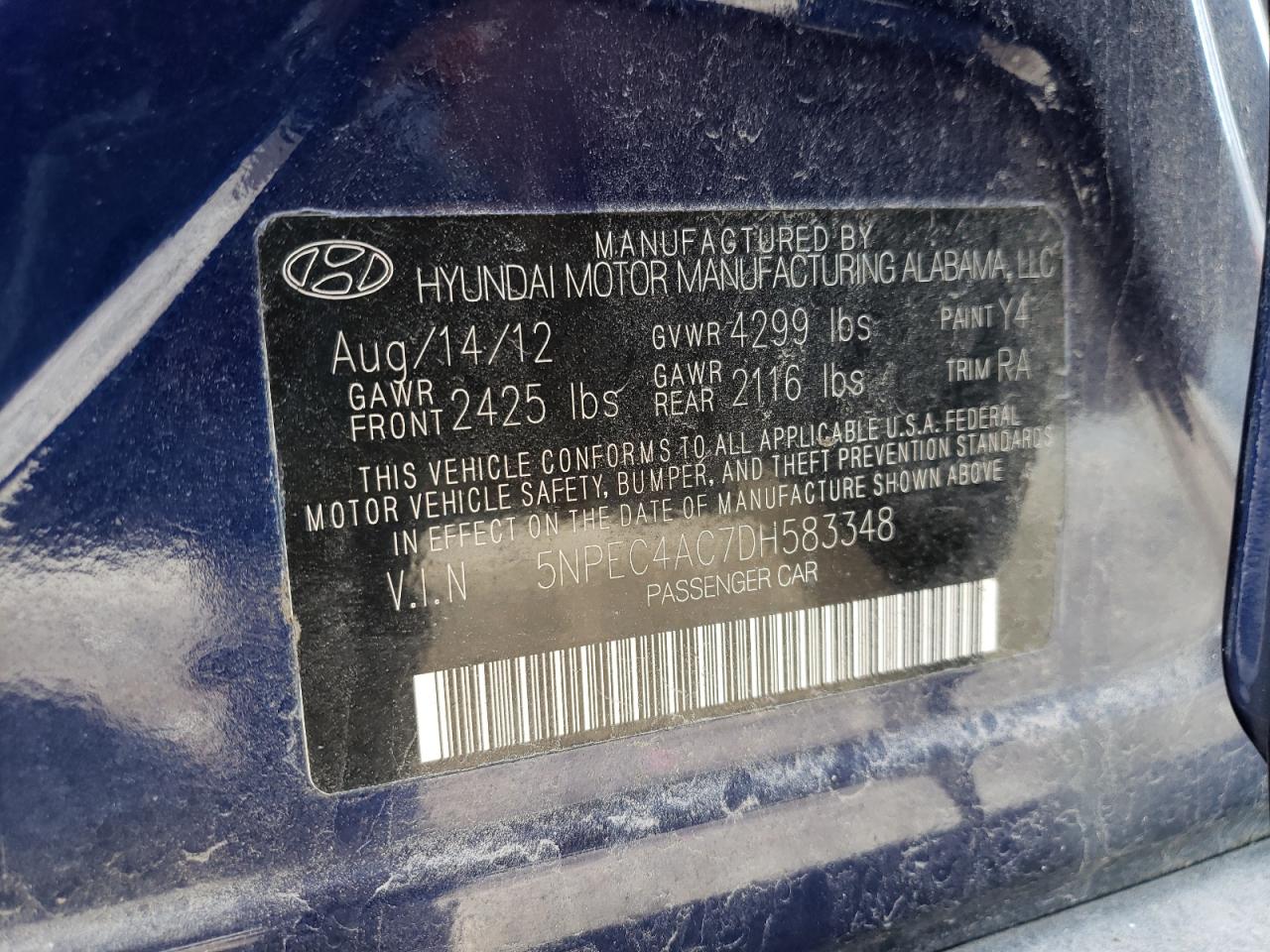 Photo 10 from auction – 2013 HYUNDAI SONATA SE with VIN 5NPEC4AC7DH583348