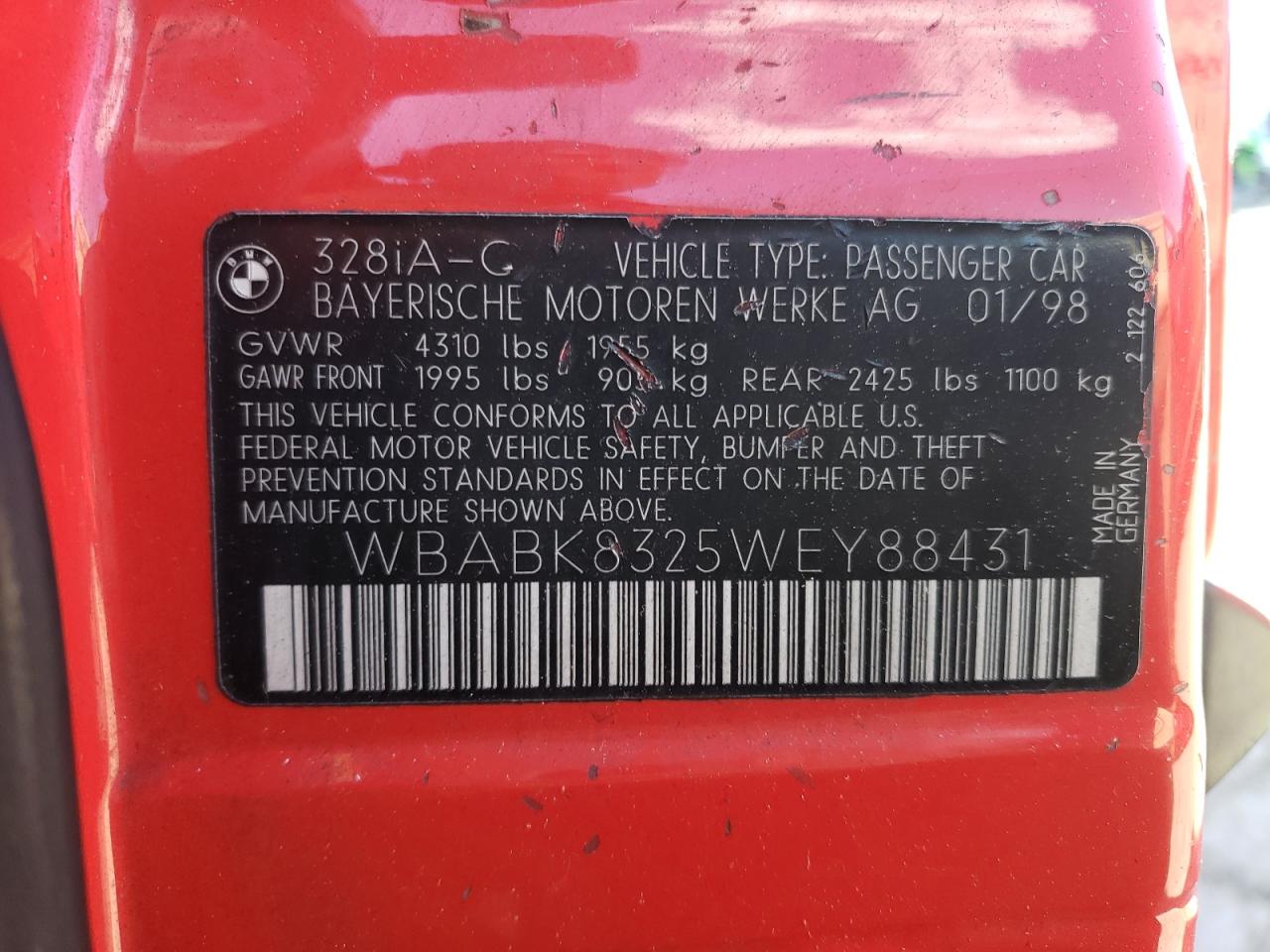 Photo 10 from auction – 1998 BMW 328 IC AUT with VIN WBABK8325WEY88431