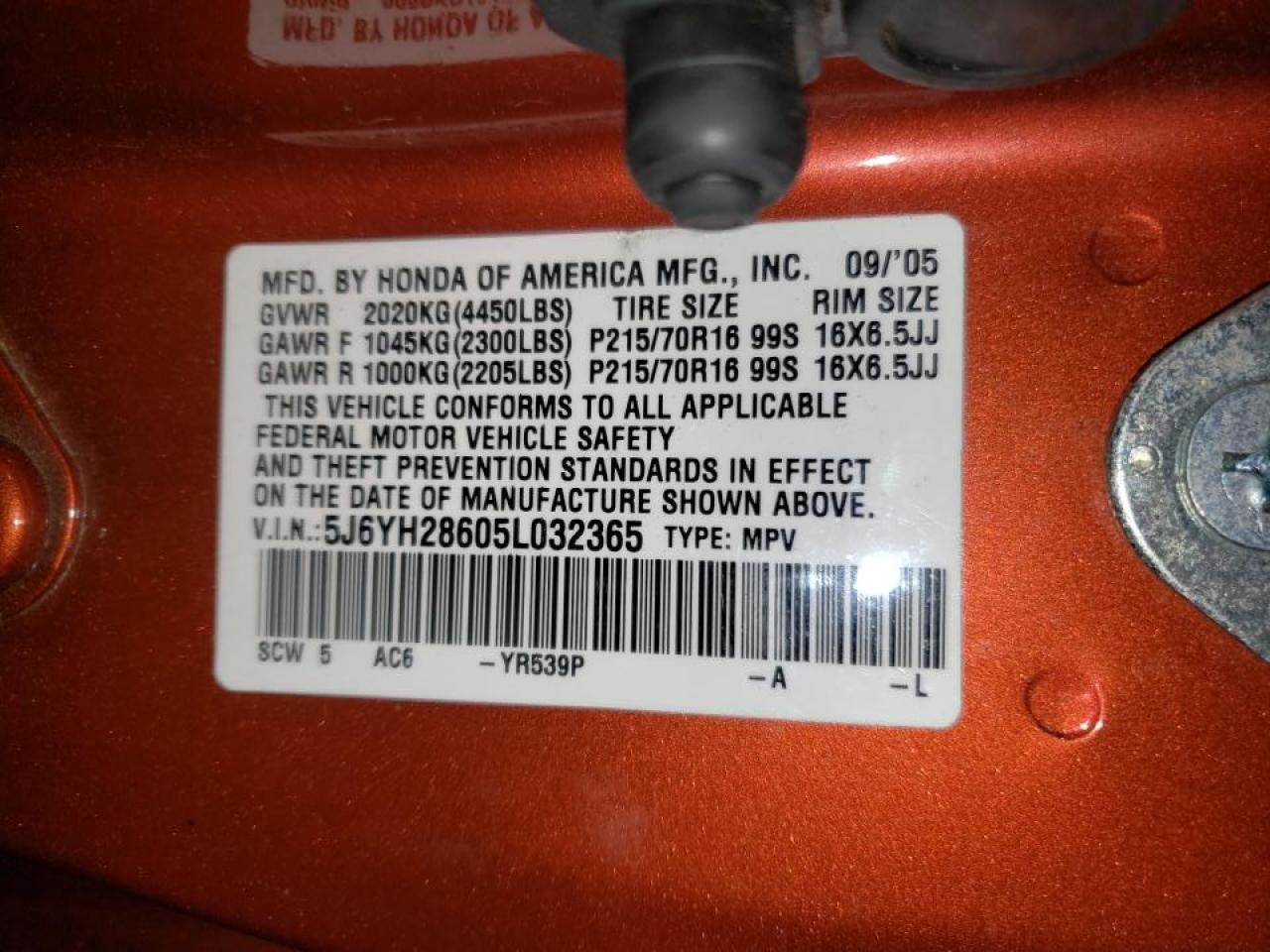 Photo 10 from auction – 2005 HONDA ELEMENT EX with VIN 5J6YH28605L032365