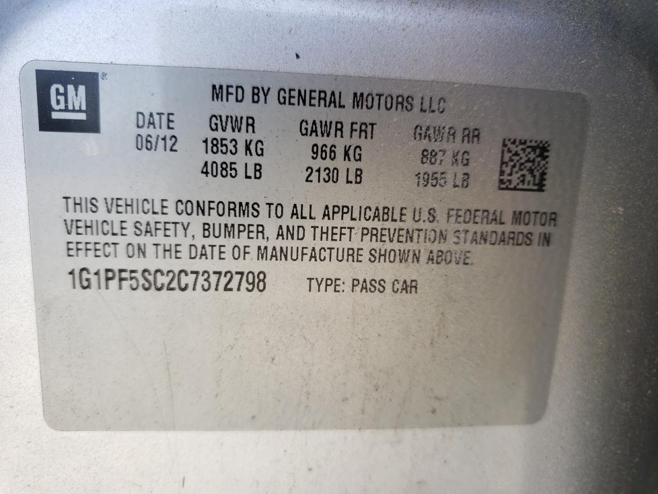 Photo 10 from auction – 2012 CHEVROLET CRUZE LT with VIN 1G1PF5SC2C7372798