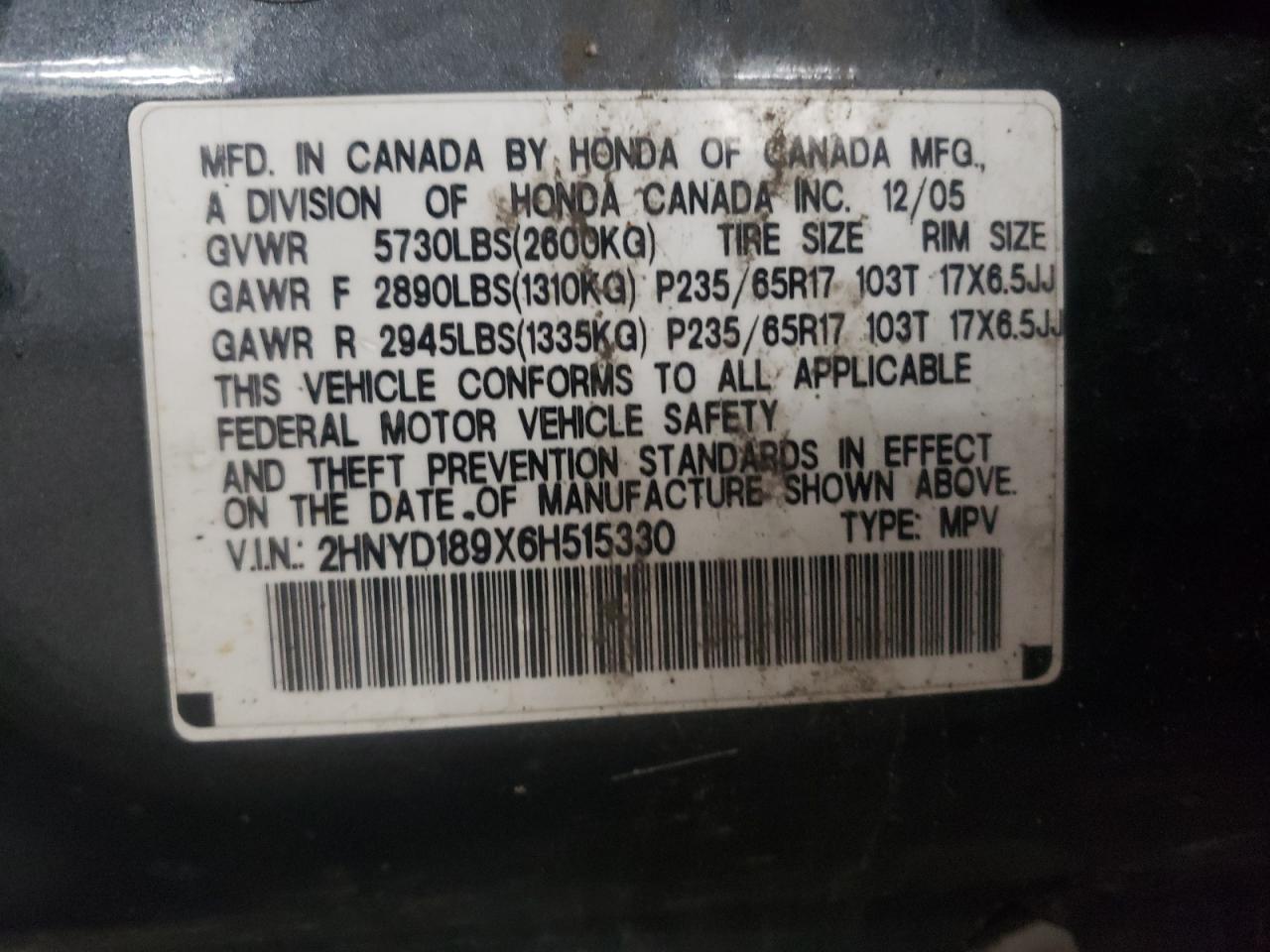 Photo 10 from auction – 2006 ACURA MDX with VIN 2HNYD189X6H515330