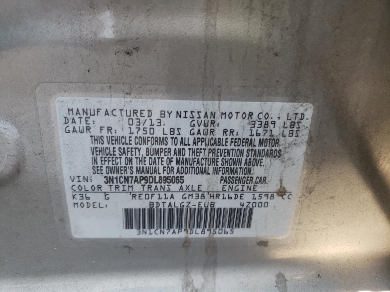 Photo 10 from auction – 2013 NISSAN VERSA S with VIN 3N1CN7AP9DL895065