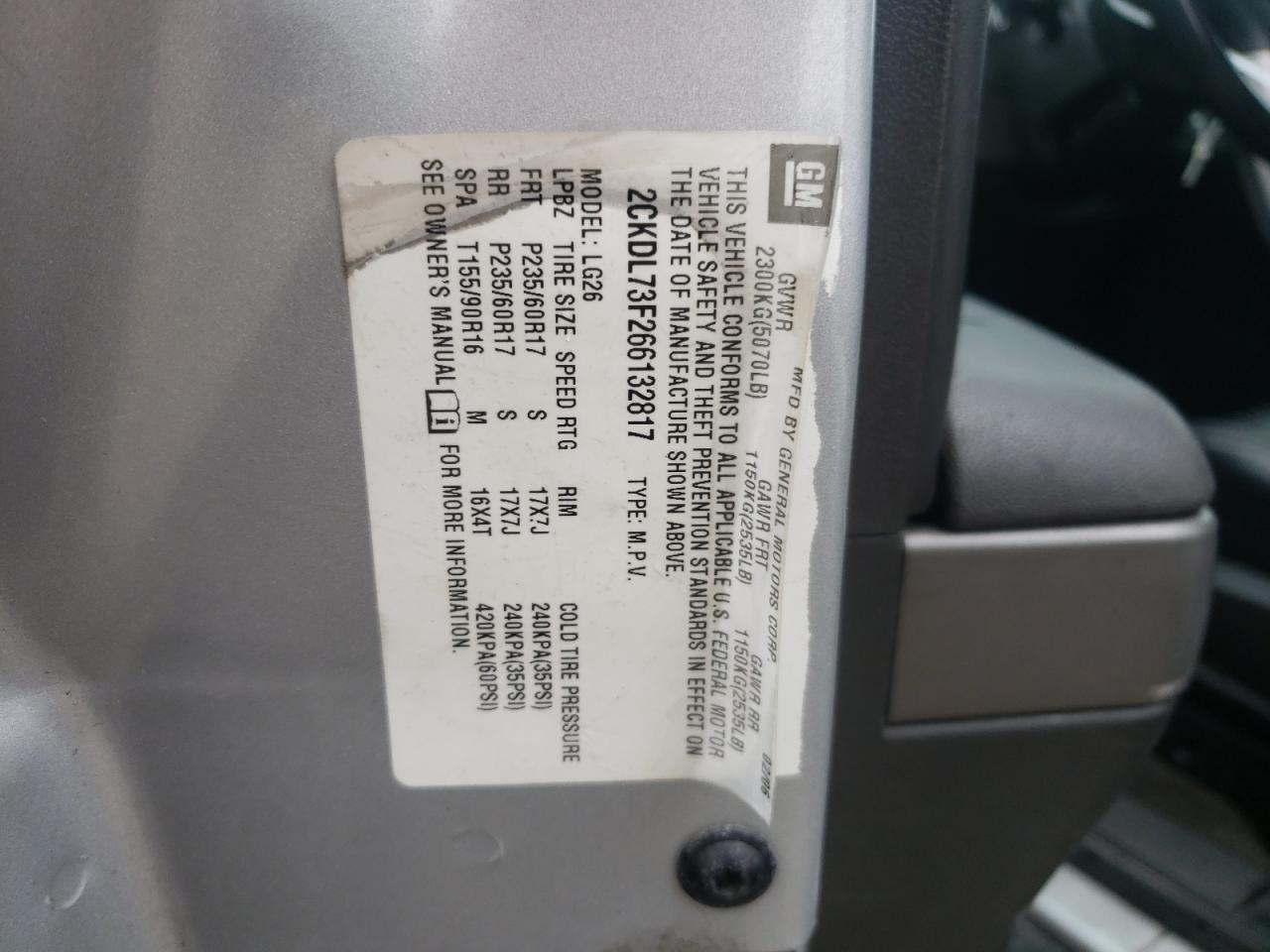 Photo 10 from auction – 2006 PONTIAC TORRENT with VIN 2CKDL73F266132817