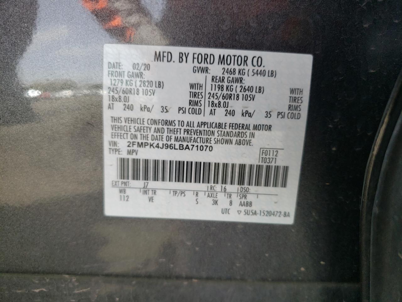 Photo 10 from auction – 2020 FORD EDGE SEL with VIN 2FMPK4J96LBA71070
