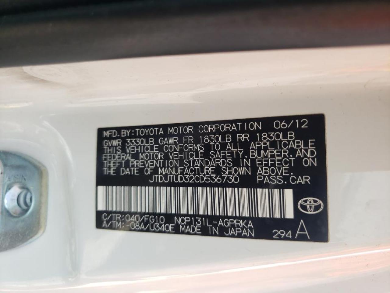 Photo 10 from auction – 2012 TOYOTA YARIS with VIN JTDJTUD32CD536730