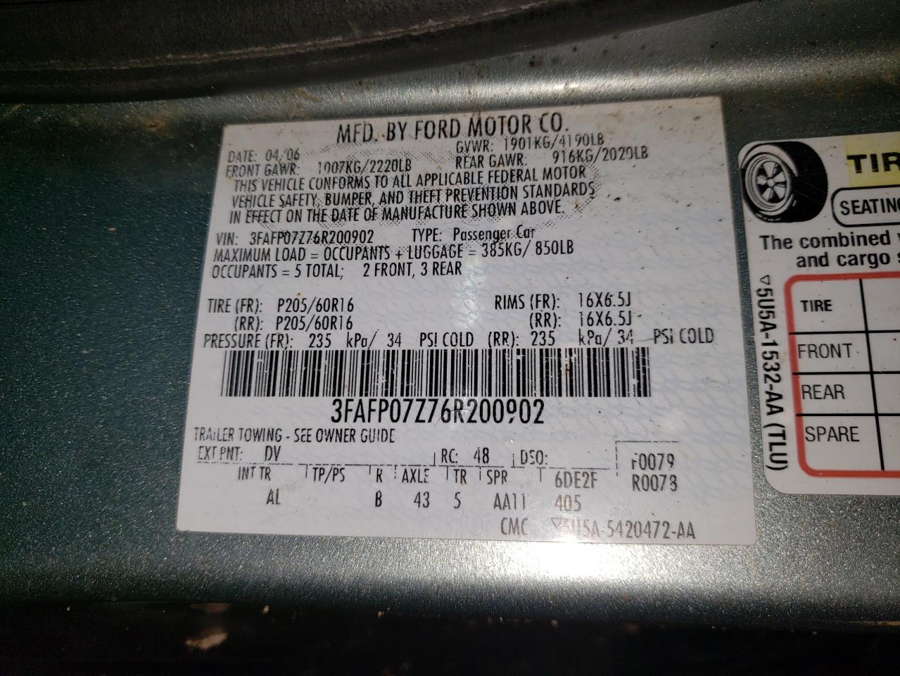 Photo 10 from auction – 2006 FORD FUSION SE with VIN 3FAFP07Z76R200902