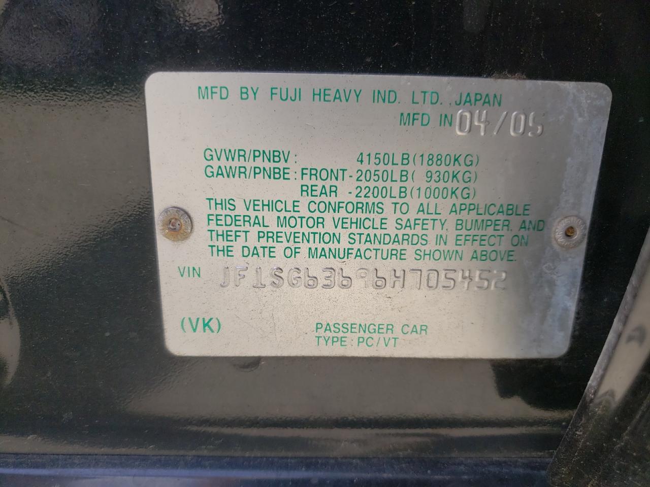 Photo 10 from auction – 2006 SUBARU FORESTER 2 with VIN JF1SG63696H705452