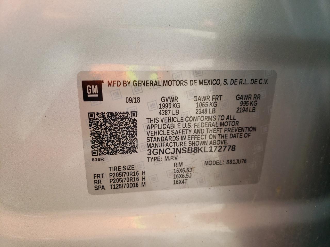 Photo 10 from auction – 2019 CHEVROLET TRAX LS with VIN 3GNCJNSB8KL172778