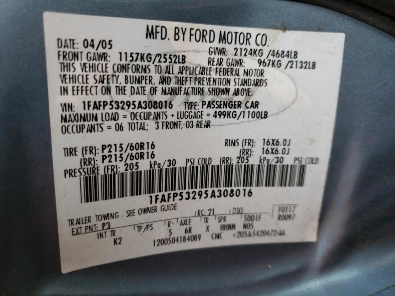 Photo 10 from auction – 2005 FORD TAURUS SE with VIN 1FAFP53295A308016