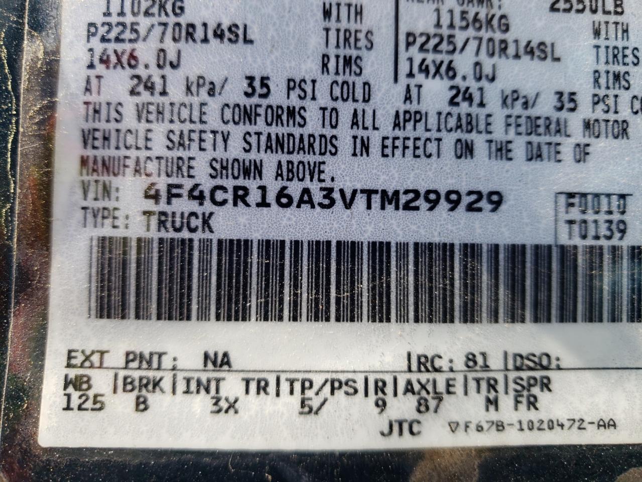 Photo 10 from auction – 1997 MAZDA B2300 CAB with VIN 4F4CR16A3VTM29929