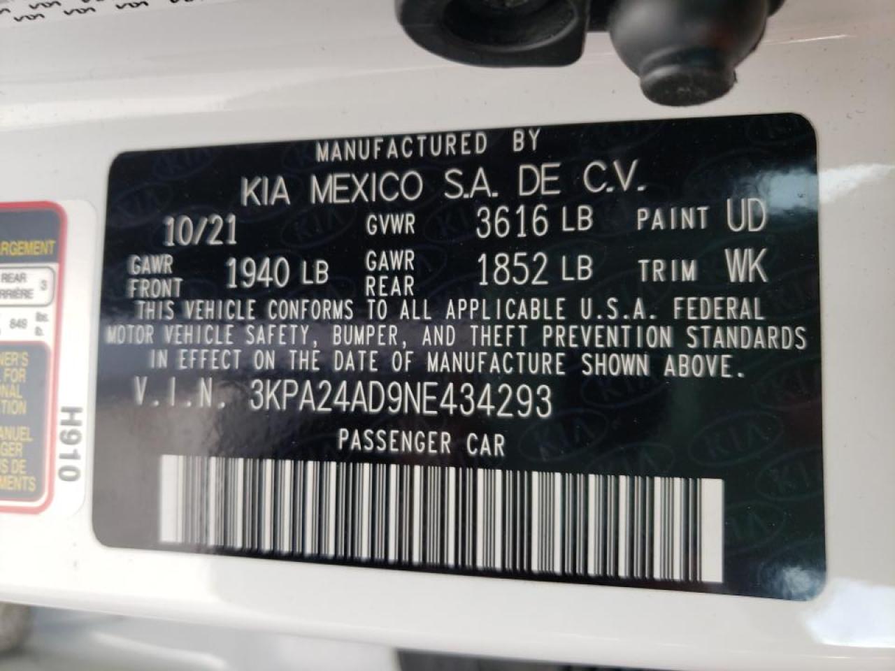 Photo 10 from auction – 2022 KIA RIO with VIN 3KPA24AD9NE434293