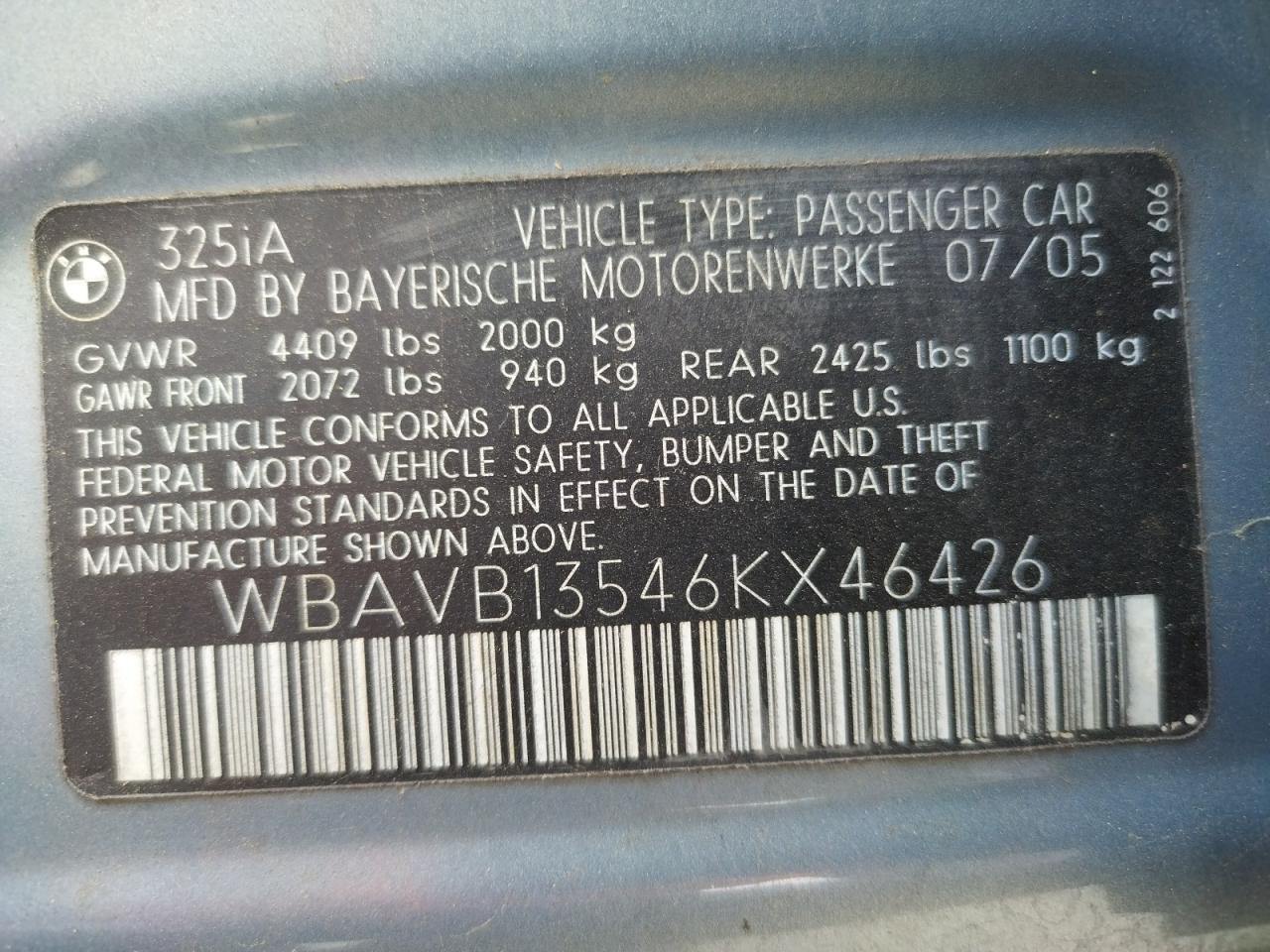 Photo 10 from auction – 2006 BMW 325 I with VIN WBAVB13546KX46426