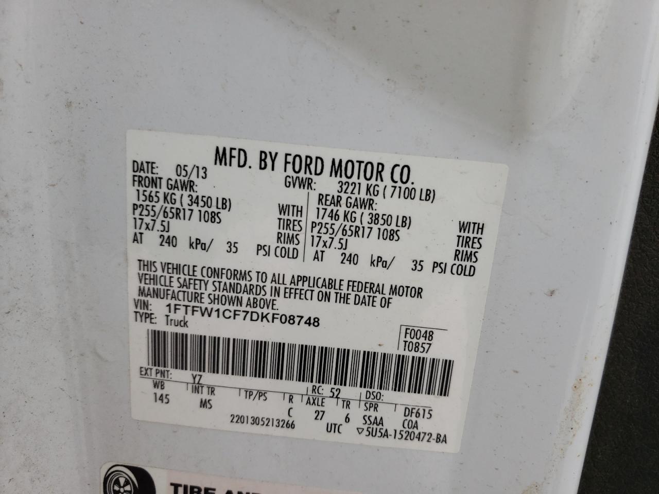 Photo 10 from auction – 2013 FORD F150 SUPER with VIN 1FTFW1CF7DKF08748