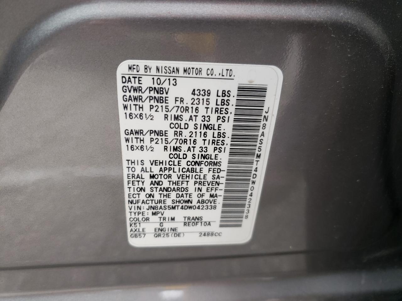 Photo 10 from auction – 2013 NISSAN ROGUE S with VIN JN8AS5MT4DW042338