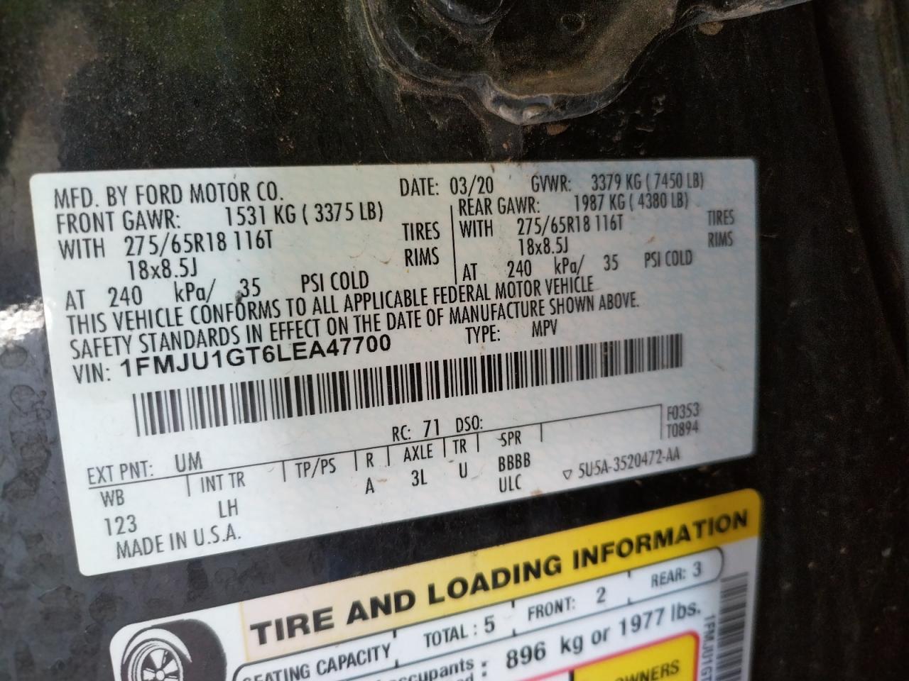 Photo 10 from auction – 2020 FORD EXPEDITION with VIN 1FMJU1GT6LEA47700