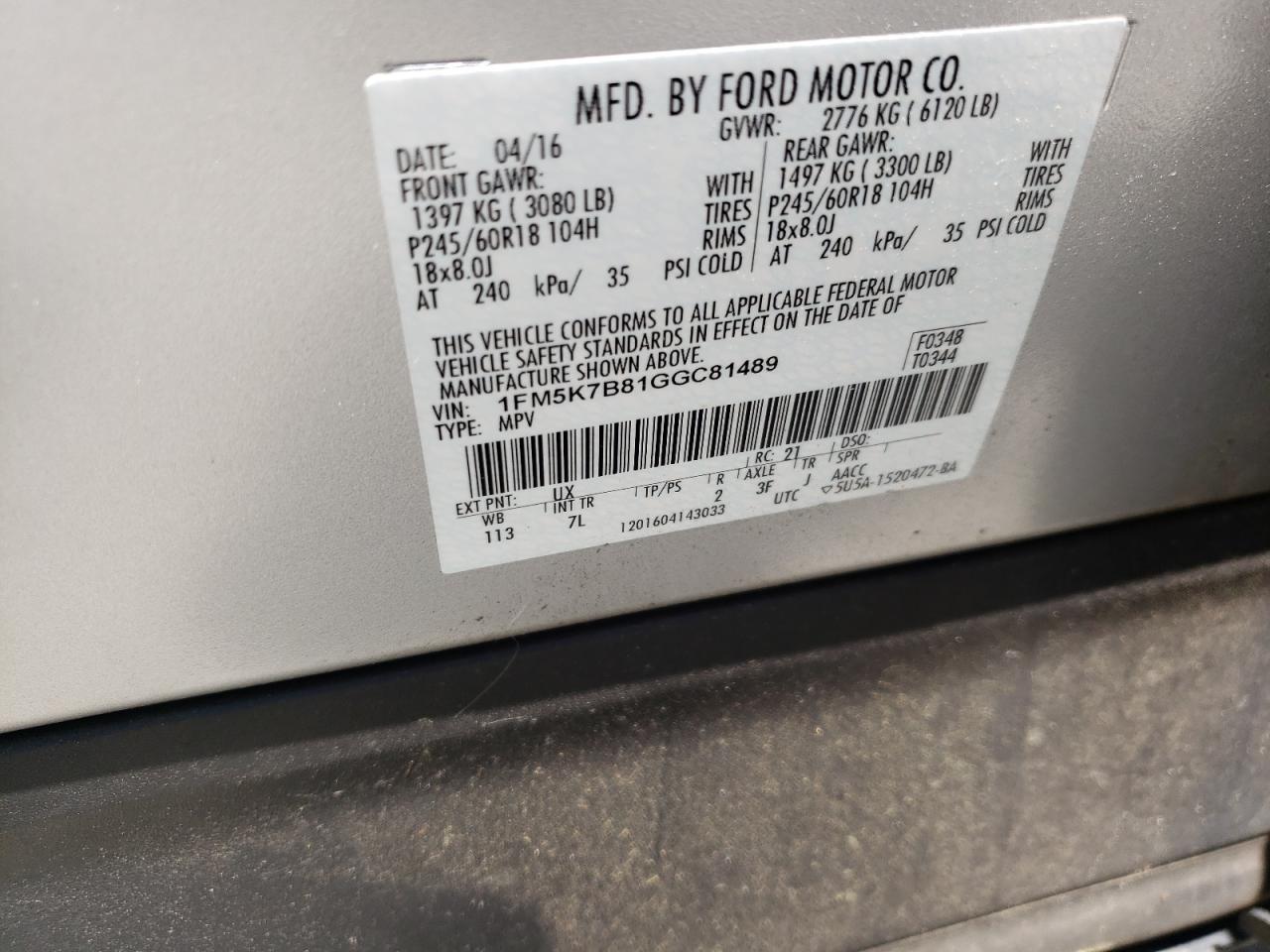 Photo 10 from auction – 2016 FORD EXPLORER with VIN 1FM5K7B81GGC81489