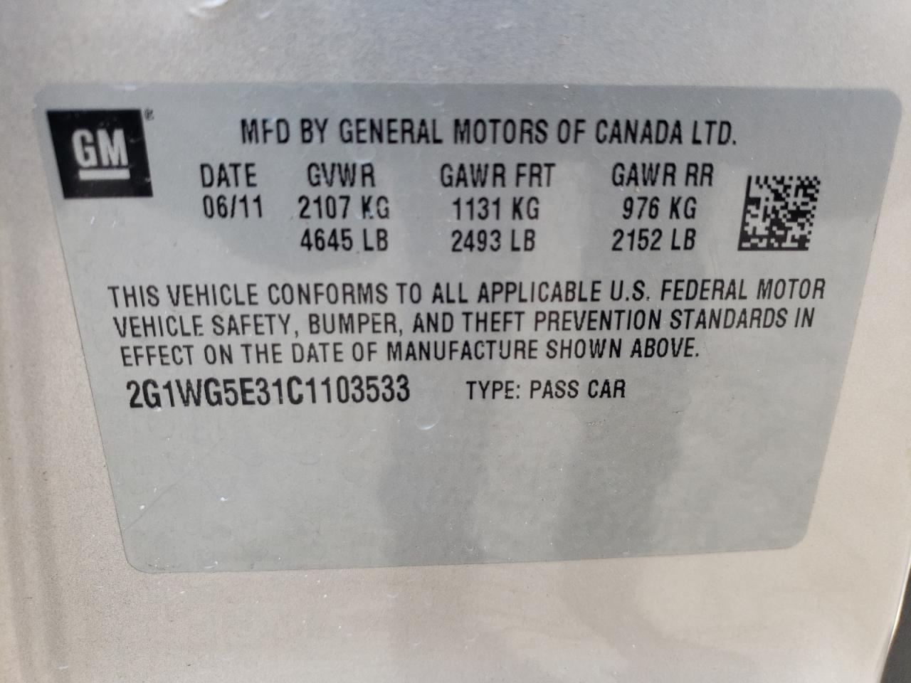 Photo 10 from auction – 2012 CHEVROLET IMPALA LT with VIN 2G1WG5E31C1103533