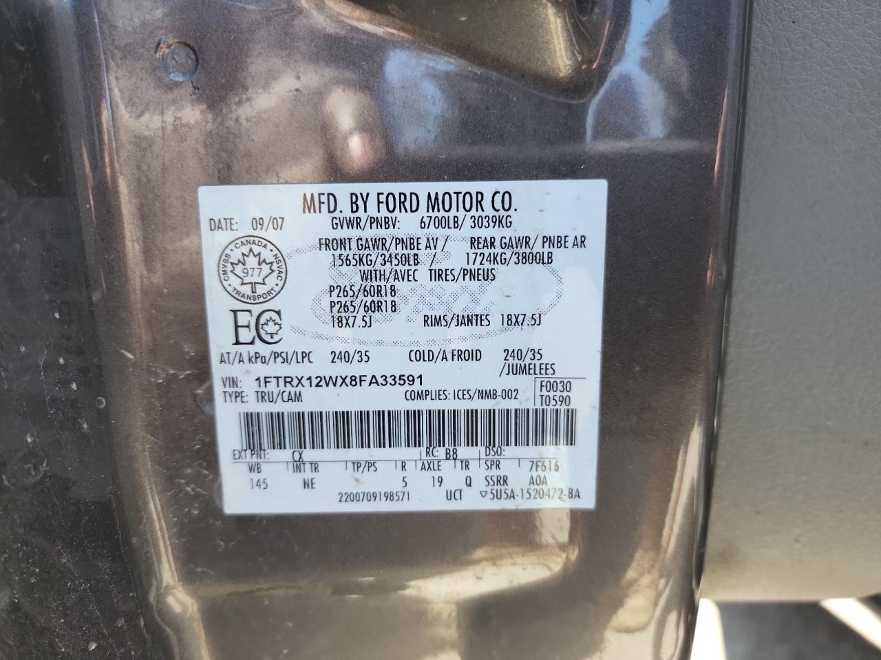 Photo 10 from auction – 2008 FORD F150 with VIN 1FTRX12WX8FA33591