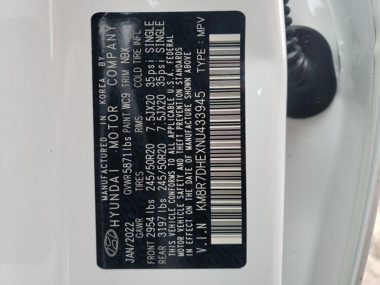 Photo 10 from auction – 2022 HYUNDAI PALISADE C with VIN KM8R7DHEXNU433945