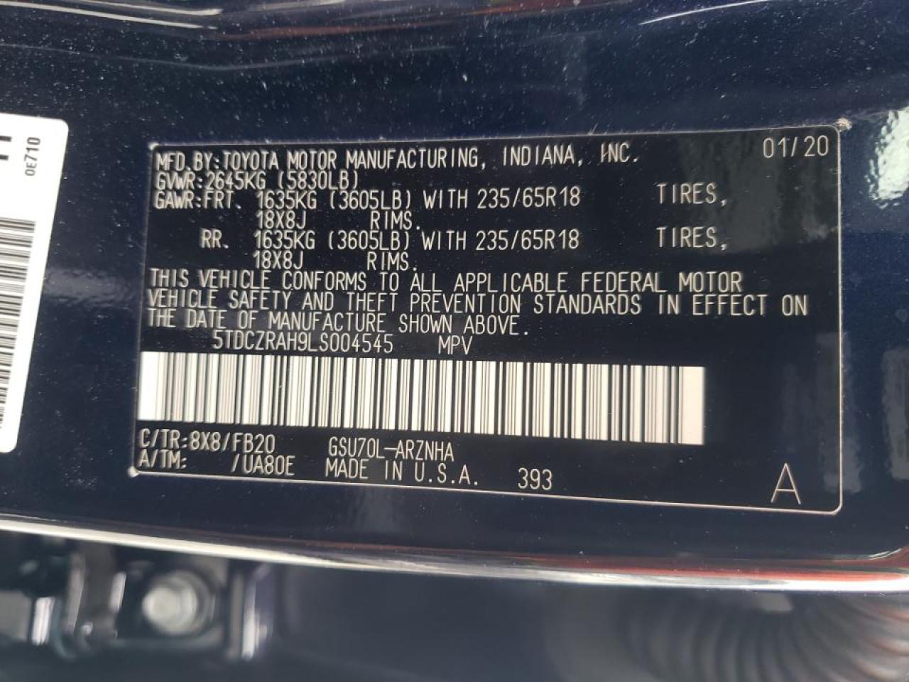 Photo 10 from auction – 2020 TOYOTA HIGHLANDER with VIN 5TDCZRAH9LS004545