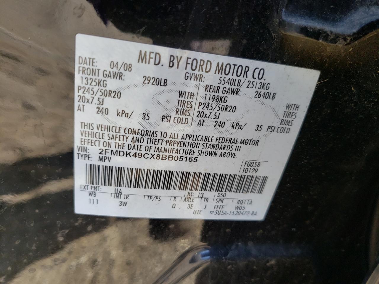Photo 10 from auction – 2008 FORD EDGE LIMIT with VIN 2FMDK49CX8BB05165
