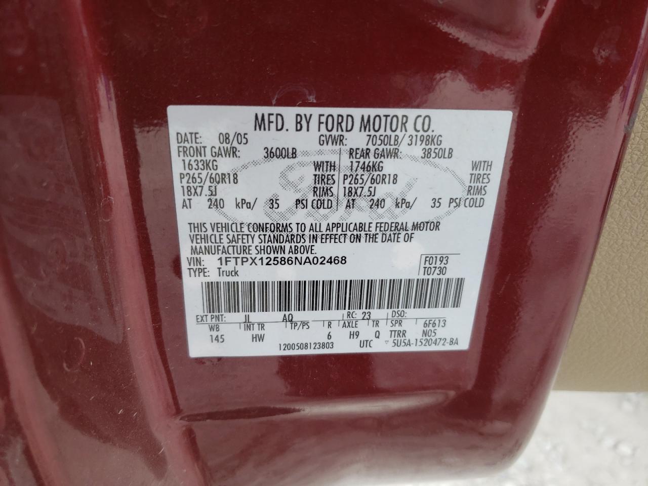Photo 10 from auction – 2006 FORD F150 with VIN 1FTPX12586NA02468