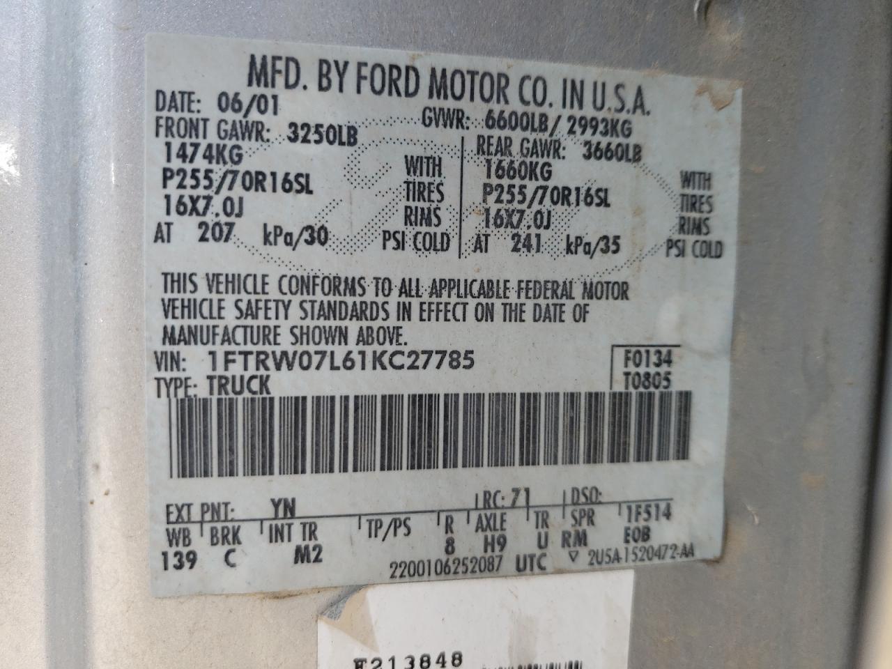 Photo 10 from auction – 2001 FORD F150 SUPER with VIN 1FTRW07L61KC27785