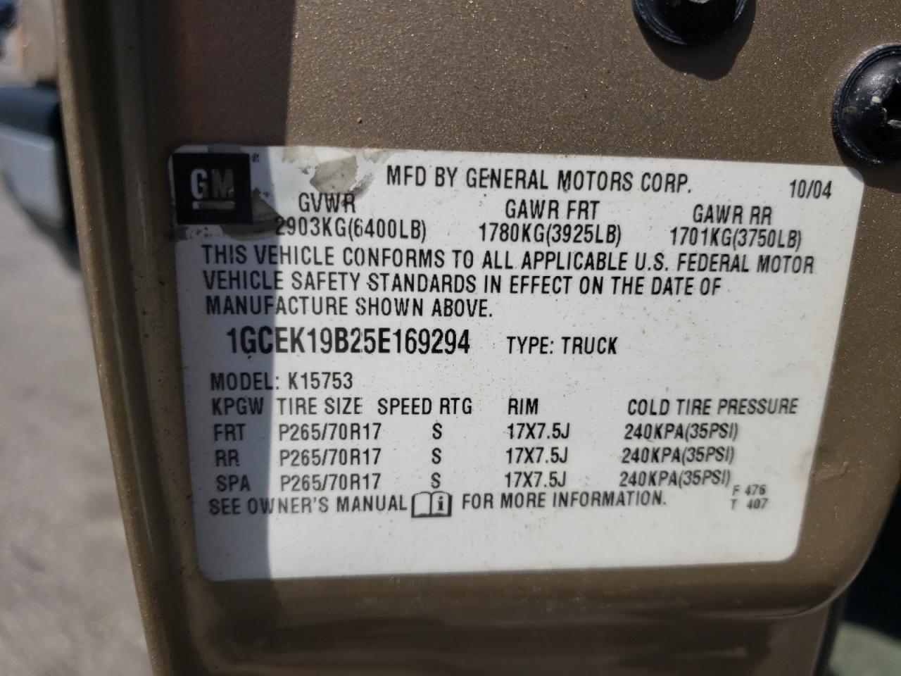 Foto 10 de la subasta – 2005 CHEVROLET SILVERADO con VIN 1GCEK19B25E169294