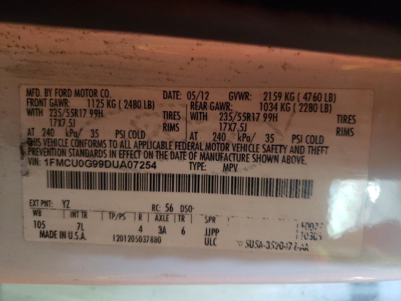 Photo 10 from auction – 2013 FORD ESCAPE SE with VIN 1FMCU0G99DUA07254