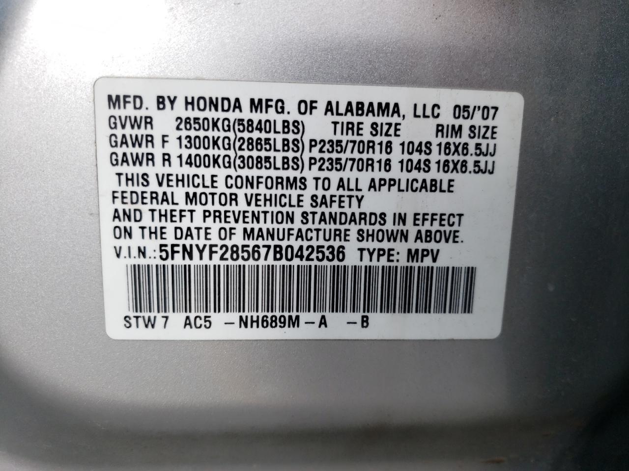 Photo 10 from auction – 2007 HONDA PILOT EXL with VIN 5FNYF28567B042536