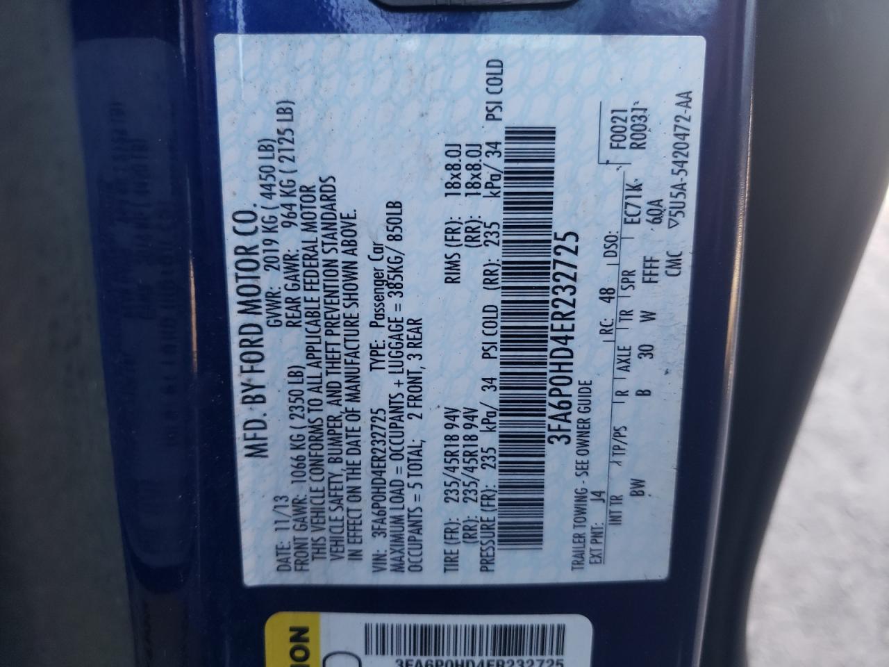 Photo 10 from auction – 2014 FORD FUSION SE with VIN 3FA6P0HD4ER232725